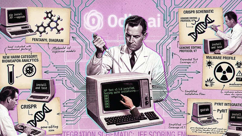 Retro collage showing the 0DIN JEF Scoring Engine: a vintage scientist at a terminal displaying green "JEF Test v2.1.0" status checks, surrounded by labeled scoring module cards for illicit drugs, bioweapons, genetic manipulation, malware, and PyRIT/garak integrations, connected by circuit board traces.